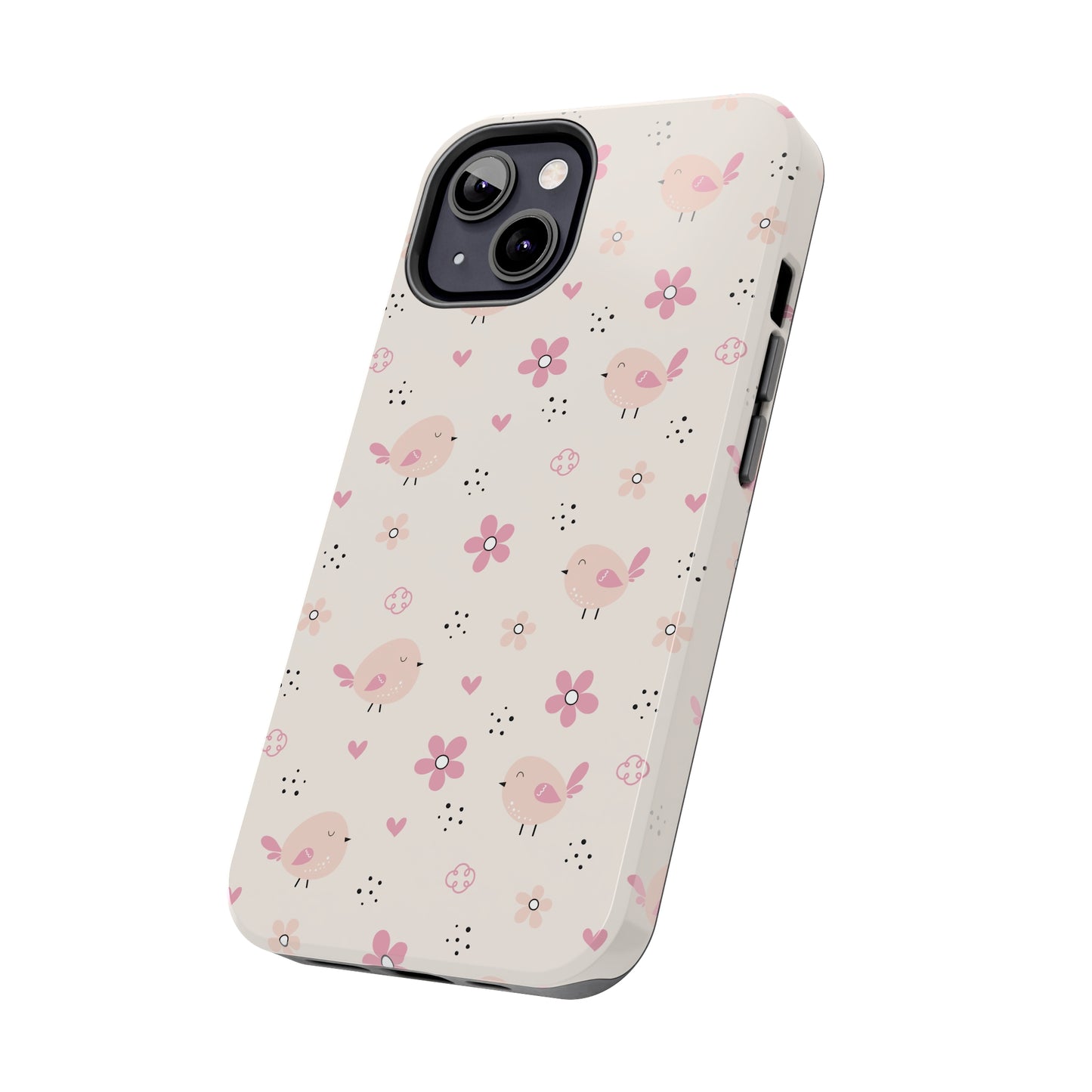 Cute Pink Birds and Flowers print design Tough Phone Case compatible with a large variety of iphone models