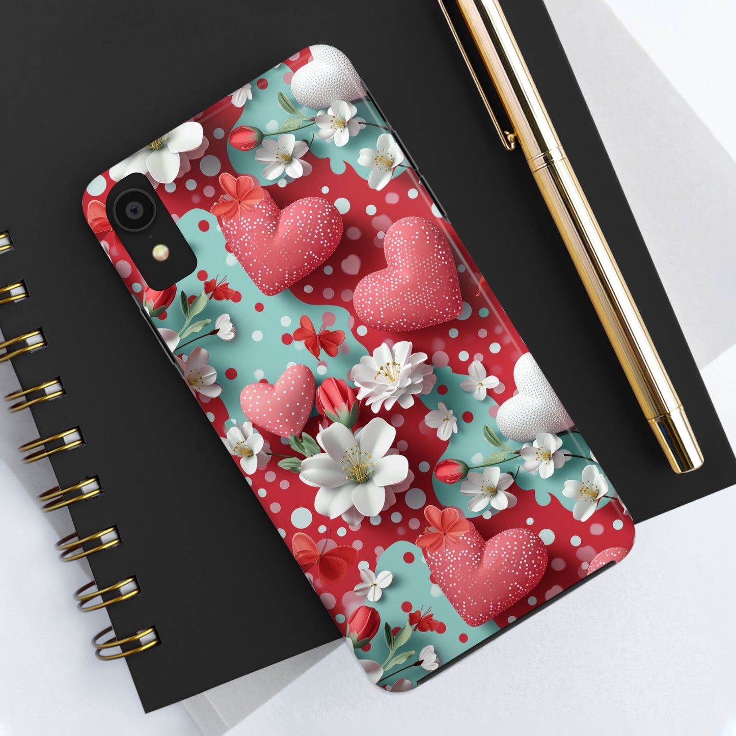 Polka Dot Hearts and Flowers Digital print Design Tough Phone Case compatible with a large variety of iPhone models, Gift, Phone Case