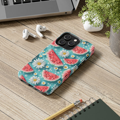 Watermelon Slices and Daisies Digital print Design Tough Phone Case compatible with a large variety of iPhone models, Gift, Phone Case