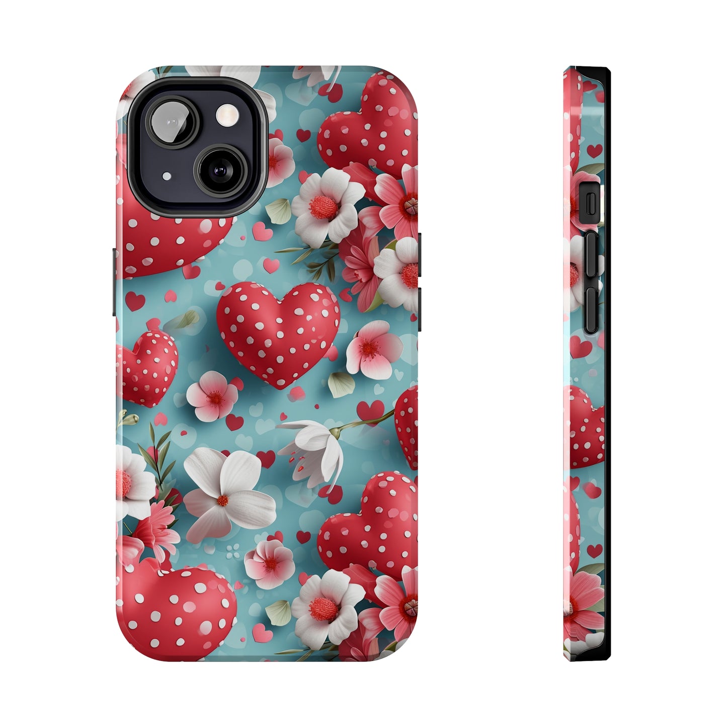 Pink White Flowers Red Hearts Digital print Design Tough Phone Case compatible with a large variety of iPhone models, Gift, Phone Case