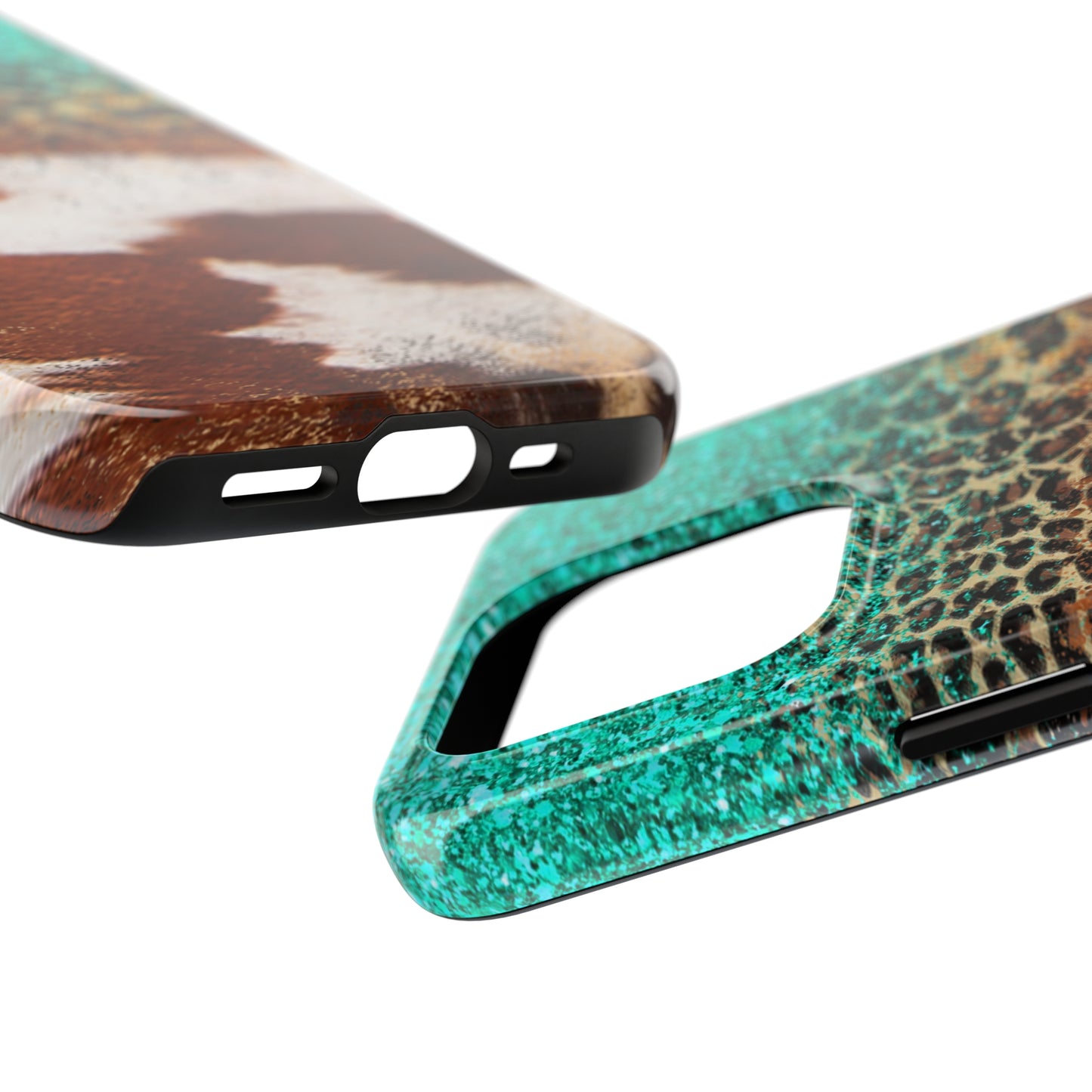 Western Cow Print, Teal, and Leopard print Design Phone Case- Lightweight, Impact Resistant Cover for iPhone 6, 6s, 12, 13, 14, 15