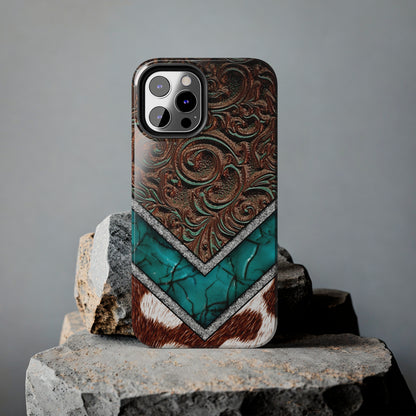 Western Cow Print, Faux Turquoise and Leather Digital print design Phone Case- Lightweight, Impact Resistant Cover for iPhone 6, 6s, 12, 13, 14, 15