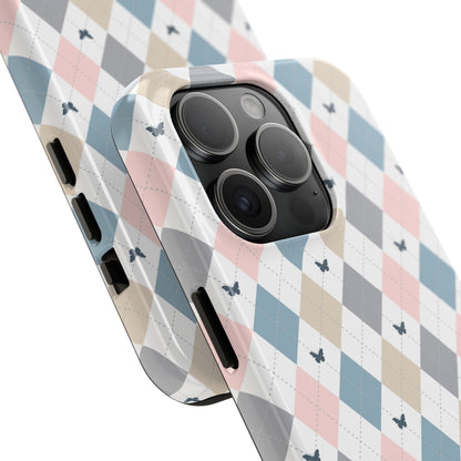 Argyle Pastel Plaid and Butterflies print design Tough Phone Case compatible with a large variety of iphone models