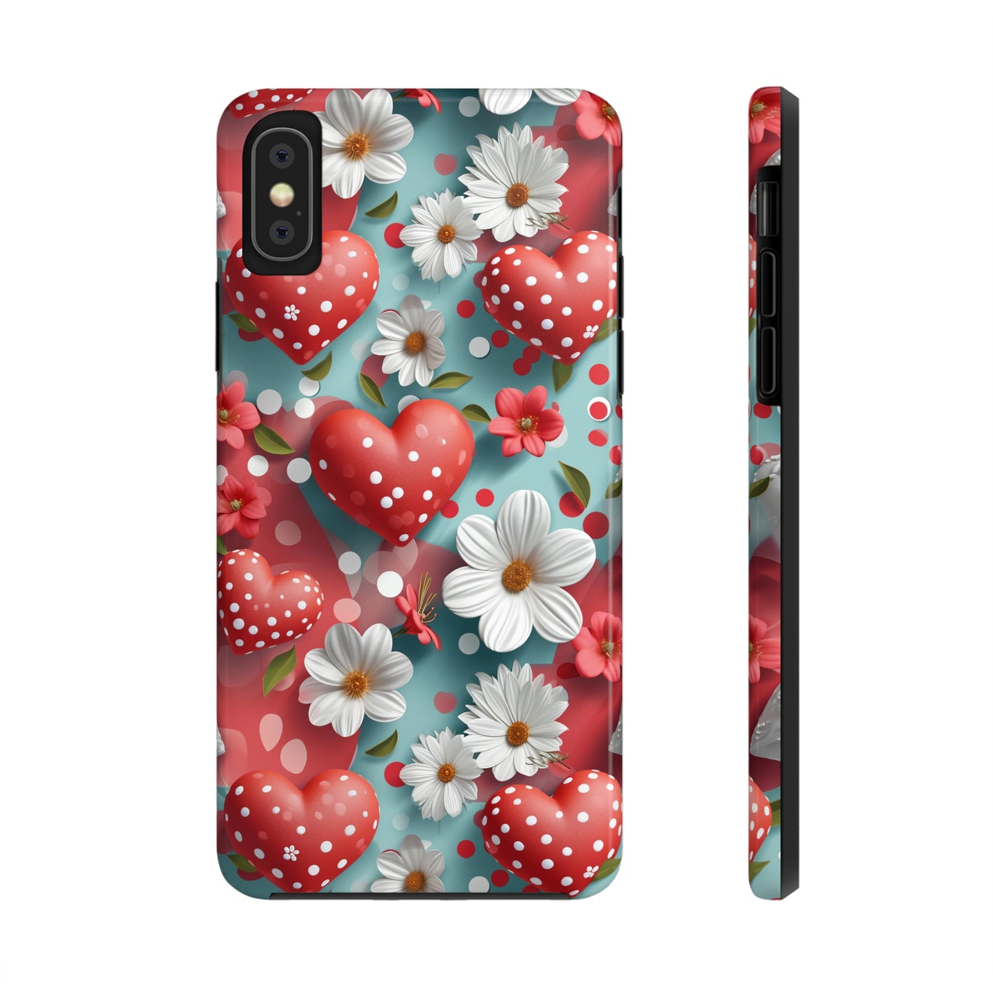 White Flowers Red Polka Dot Hearts Digital print Design Tough Phone Case compatible with a large variety of iPhone models, Gift, Phone Case