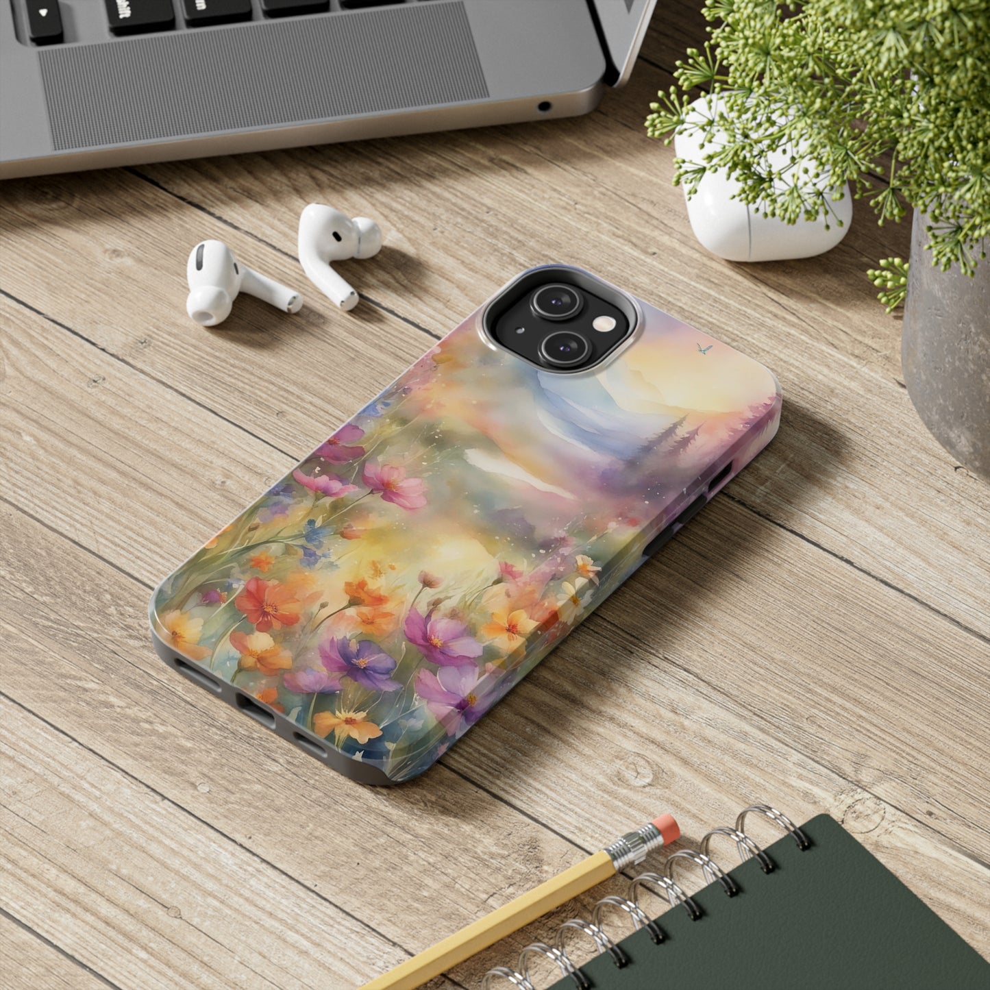 Watercolor Landscape and Wildflowers Pattern print design Tough Phone Case compatible with a large variety of phone models, Phone Case