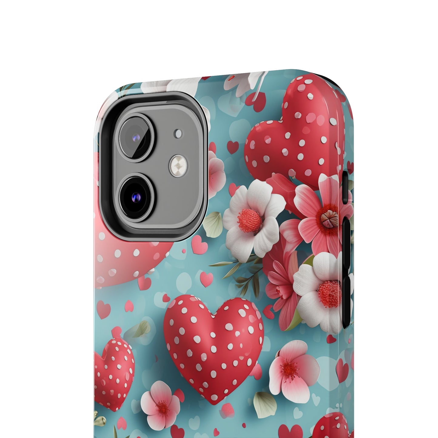 Pink White Flowers Red Hearts Digital print Design Tough Phone Case compatible with a large variety of iPhone models, Gift, Phone Case