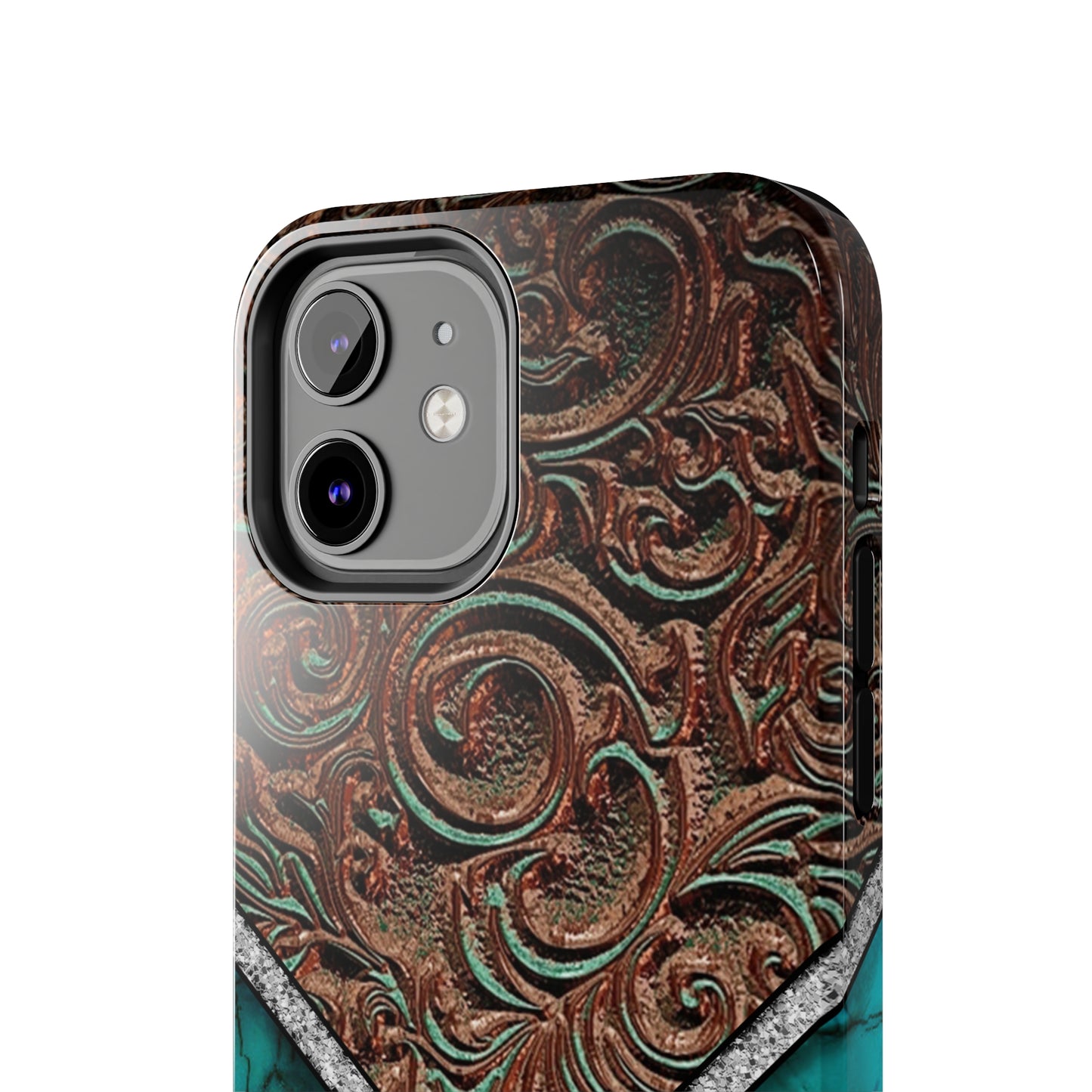 Western Cow Print, Faux Turquoise and Leather Digital print design Phone Case- Lightweight, Impact Resistant Cover for iPhone 6, 6s, 12, 13, 14, 15