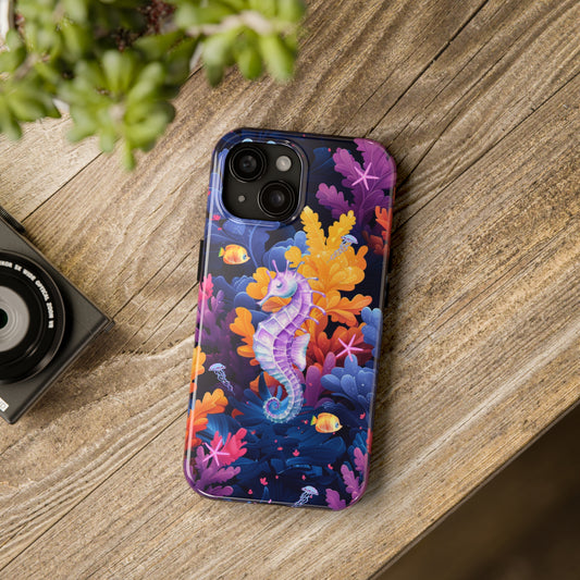 Ocean Life iPhone Case, Colorful Coral Reef and Seahorse Design, Protective Case for iPhone Models, Tough Phone Case