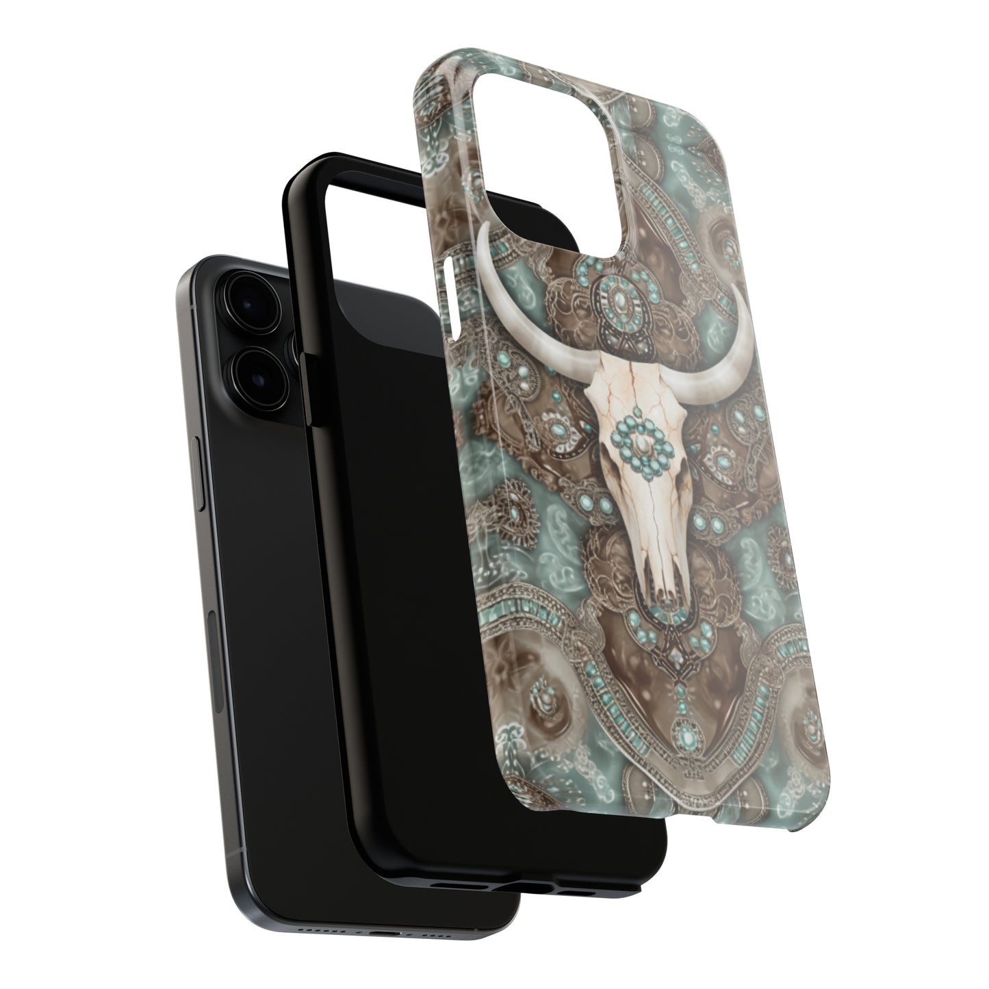 Western Cow Skull and Turquoise print design Phone Case- Lightweight, Impact Resistant Cover for iPhone 6, 6s, 12, 13, 14, 15