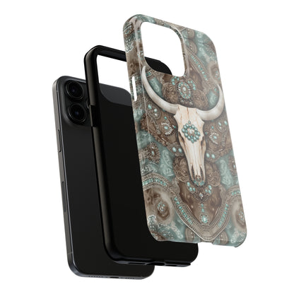 Western Cow Skull and Turquoise print design Phone Case- Lightweight, Impact Resistant Cover for iPhone 6, 6s, 12, 13, 14, 15