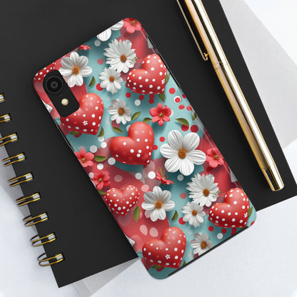 White Flowers Red Polka Dot Hearts Digital print Design Tough Phone Case compatible with a large variety of iPhone models, Gift, Phone Case