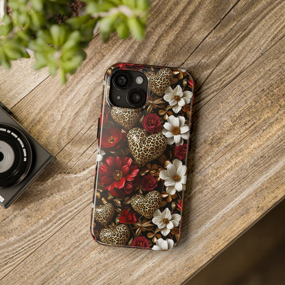 Red Gold Flowers Leopard Hearts Digital print Design Tough Phone Case compatible with a large variety of iPhone models, Gift, Phone Case