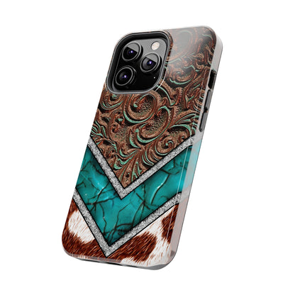 Western Cow Print, Faux Turquoise and Leather Digital print design Phone Case- Lightweight, Impact Resistant Cover for iPhone 6, 6s, 12, 13, 14, 15