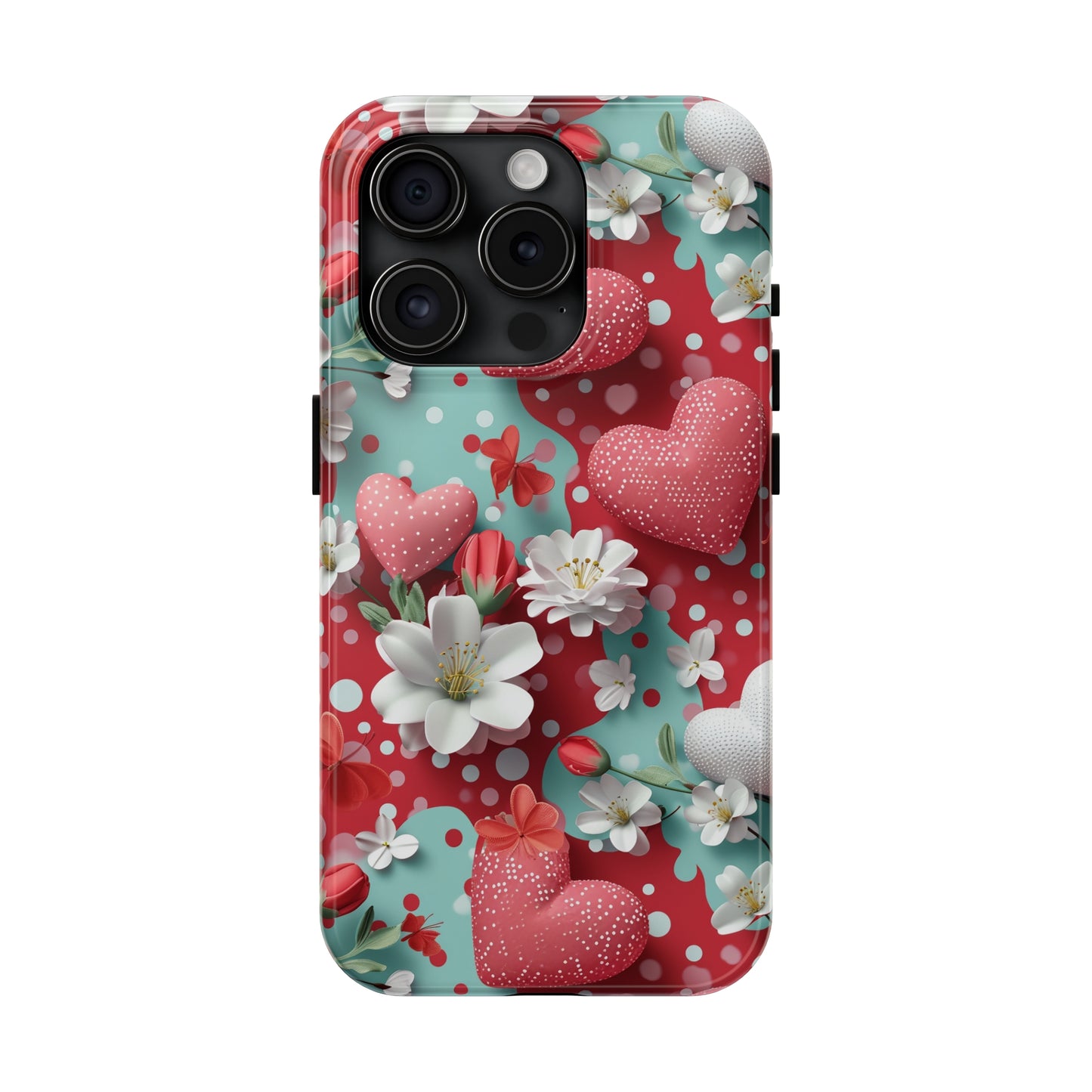 Polka Dot Hearts and Flowers Digital print Design Tough Phone Case compatible with a large variety of iPhone models, Gift, Phone Case