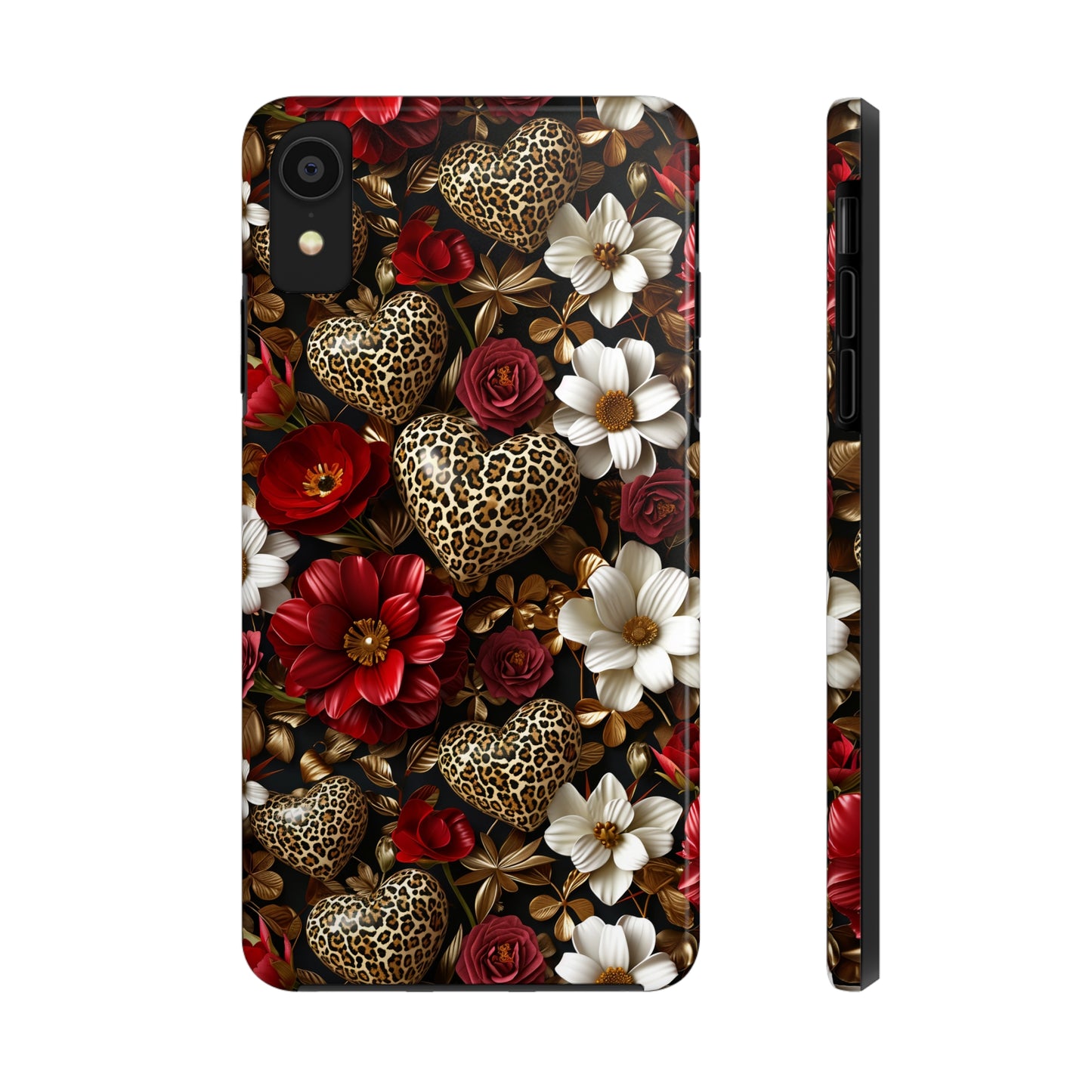 Red Gold Flowers Leopard Hearts Digital print Design Tough Phone Case compatible with a large variety of iPhone models, Gift, Phone Case