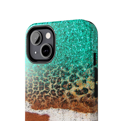 Western Cow Print, Teal, and Leopard print Design Phone Case- Lightweight, Impact Resistant Cover for iPhone 6, 6s, 12, 13, 14, 15