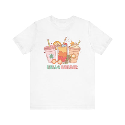 Hello Summer T-Shirt, Cute Tropical Drinks Print, Unisex Beach Tee, Casual Vacation Shirt, Graphic Tee for Summer