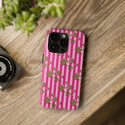 Girly Cheetah Stars and Pink Stripes Design Phone Case- Lightweight, Impact Resistant Cover for iPhone 6, 6s, 12, 13, 14, 15