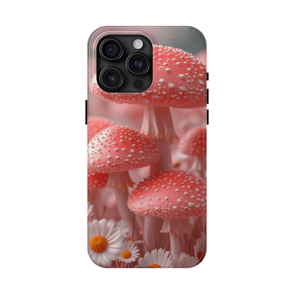 Whimsical Pink Mushrooms and Daisies Design Tough Phone Case compatible with a large variety of iPhone models, Gift, Phone Case