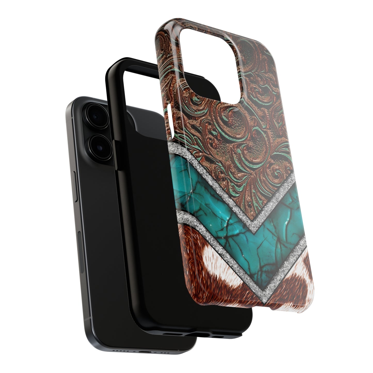 Western Cow Print, Faux Turquoise and Leather Digital print design Phone Case- Lightweight, Impact Resistant Cover for iPhone 6, 6s, 12, 13, 14, 15