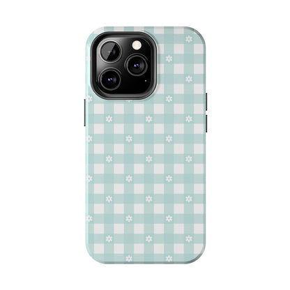 Cute Blue and White Gingham with Daisies Digital print Design Tough Phone Case compatible with a large variety of iPhone models, Gift, Phone Case