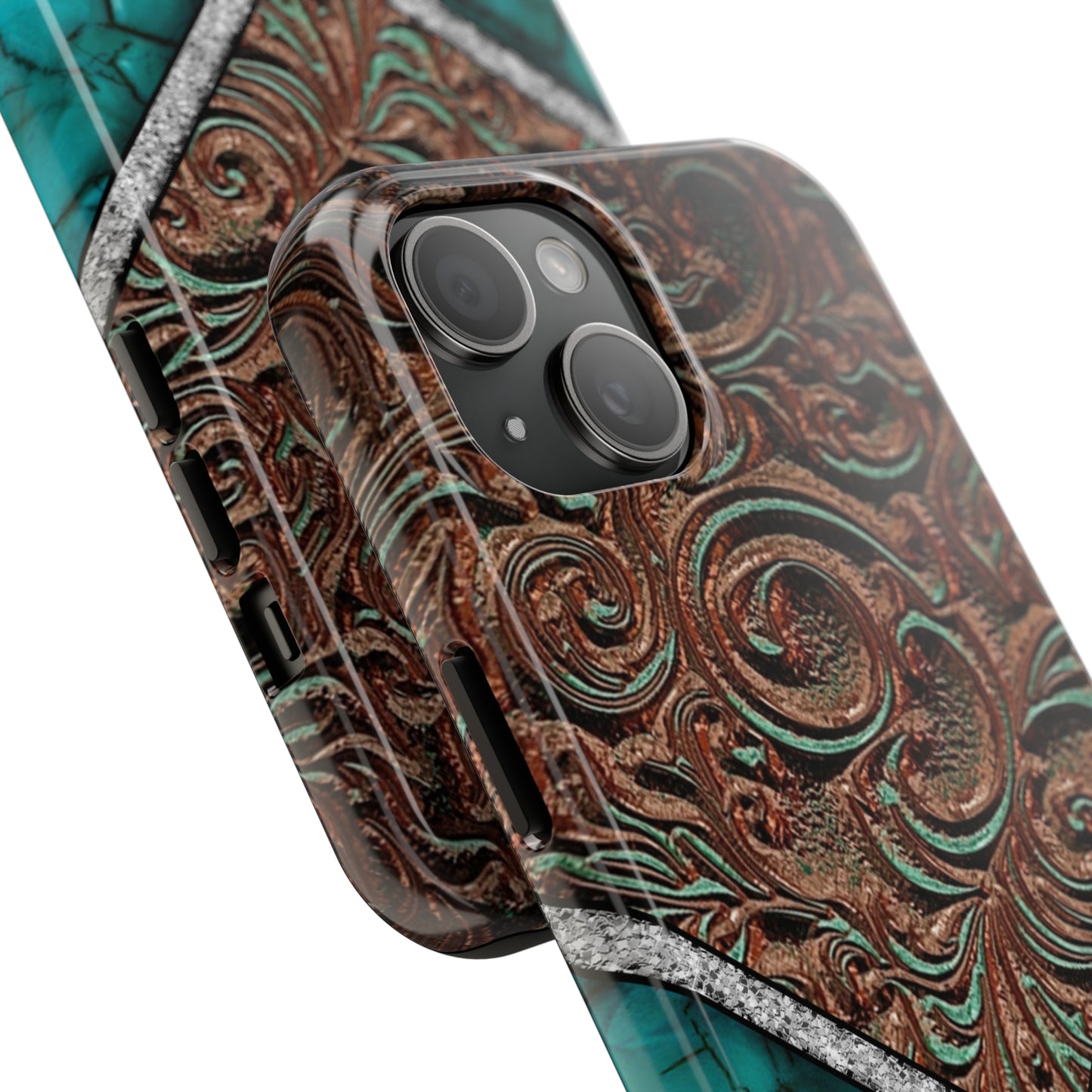 Western Cow Print, Faux Turquoise and Leather Digital print design Phone Case- Lightweight, Impact Resistant Cover for iPhone 6, 6s, 12, 13, 14, 15