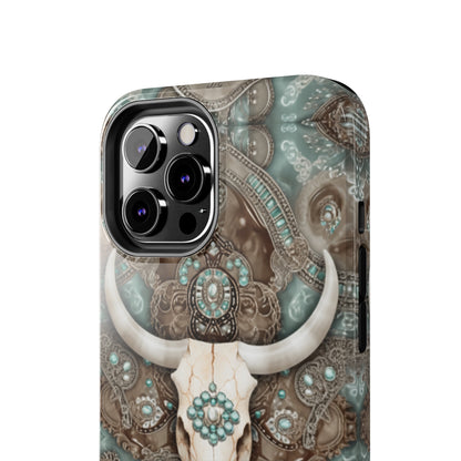 Western Cow Skull and Turquoise print design Phone Case- Lightweight, Impact Resistant Cover for iPhone 6, 6s, 12, 13, 14, 15