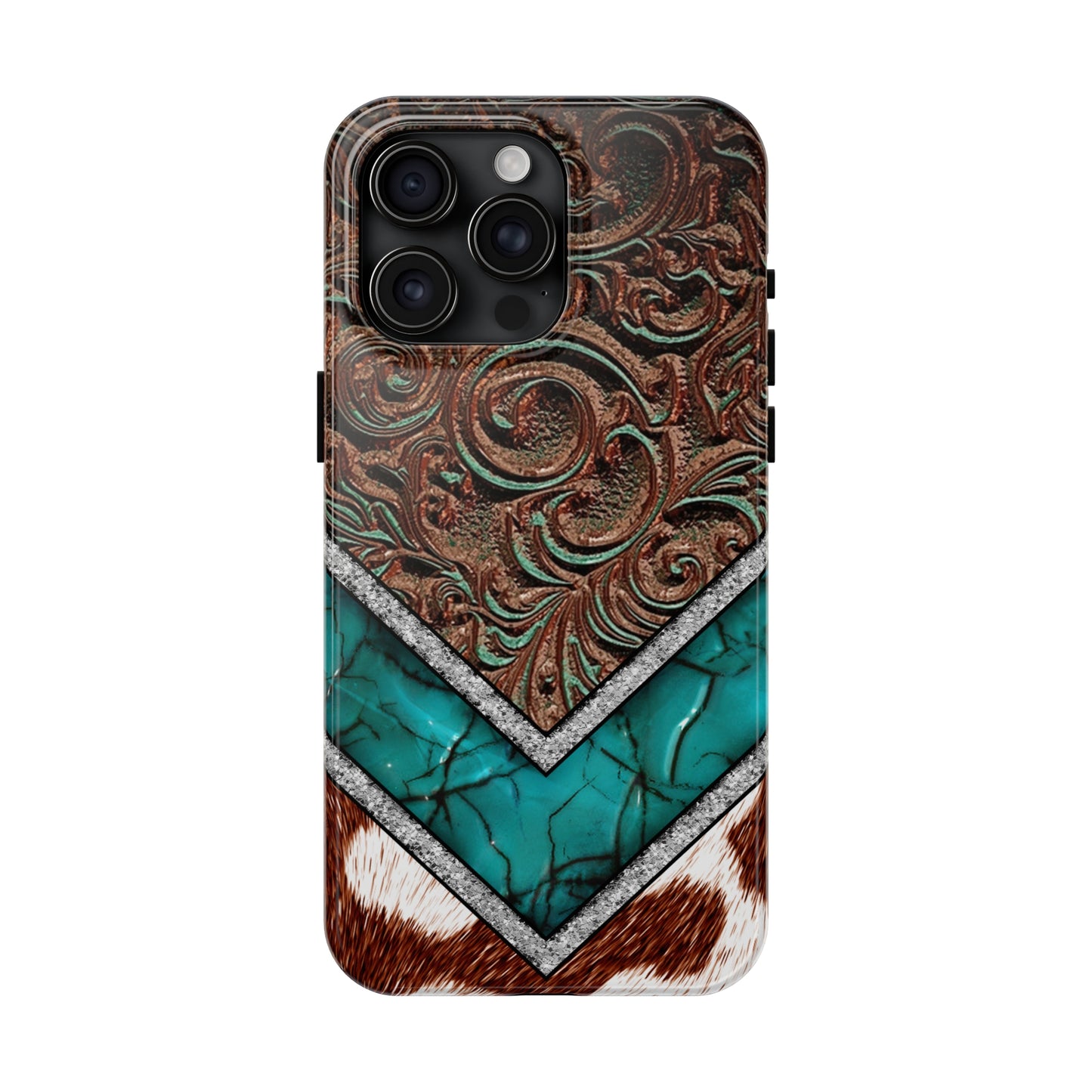 Western Cow Print, Faux Turquoise and Leather Digital print design Phone Case- Lightweight, Impact Resistant Cover for iPhone 6, 6s, 12, 13, 14, 15