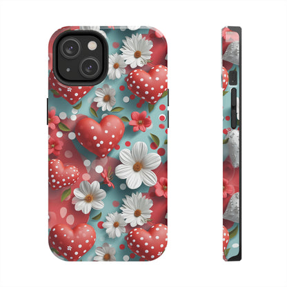 White Flowers Red Polka Dot Hearts Digital print Design Tough Phone Case compatible with a large variety of iPhone models, Gift, Phone Case