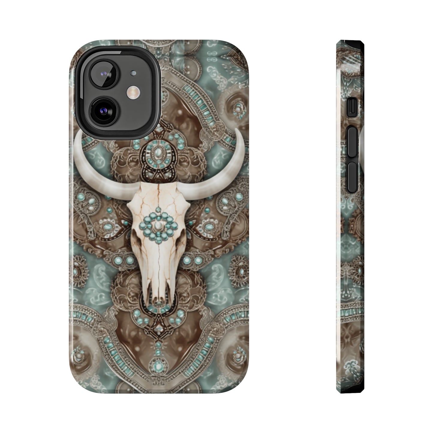 Western Cow Skull and Turquoise print design Phone Case- Lightweight, Impact Resistant Cover for iPhone 6, 6s, 12, 13, 14, 15