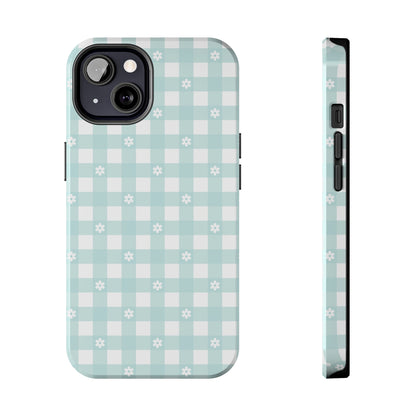 Cute Blue and White Gingham with Daisies Digital print Design Tough Phone Case compatible with a large variety of iPhone models, Gift, Phone Case