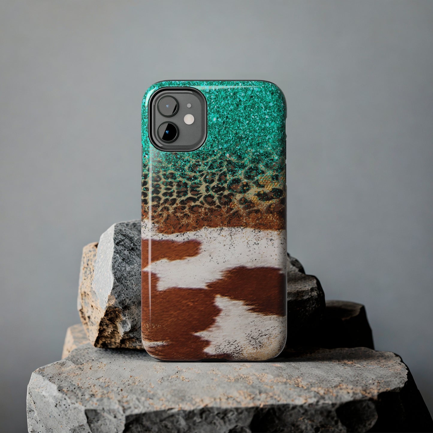 Western Cow Print, Teal, and Leopard print Design Phone Case- Lightweight, Impact Resistant Cover for iPhone 6, 6s, 12, 13, 14, 15