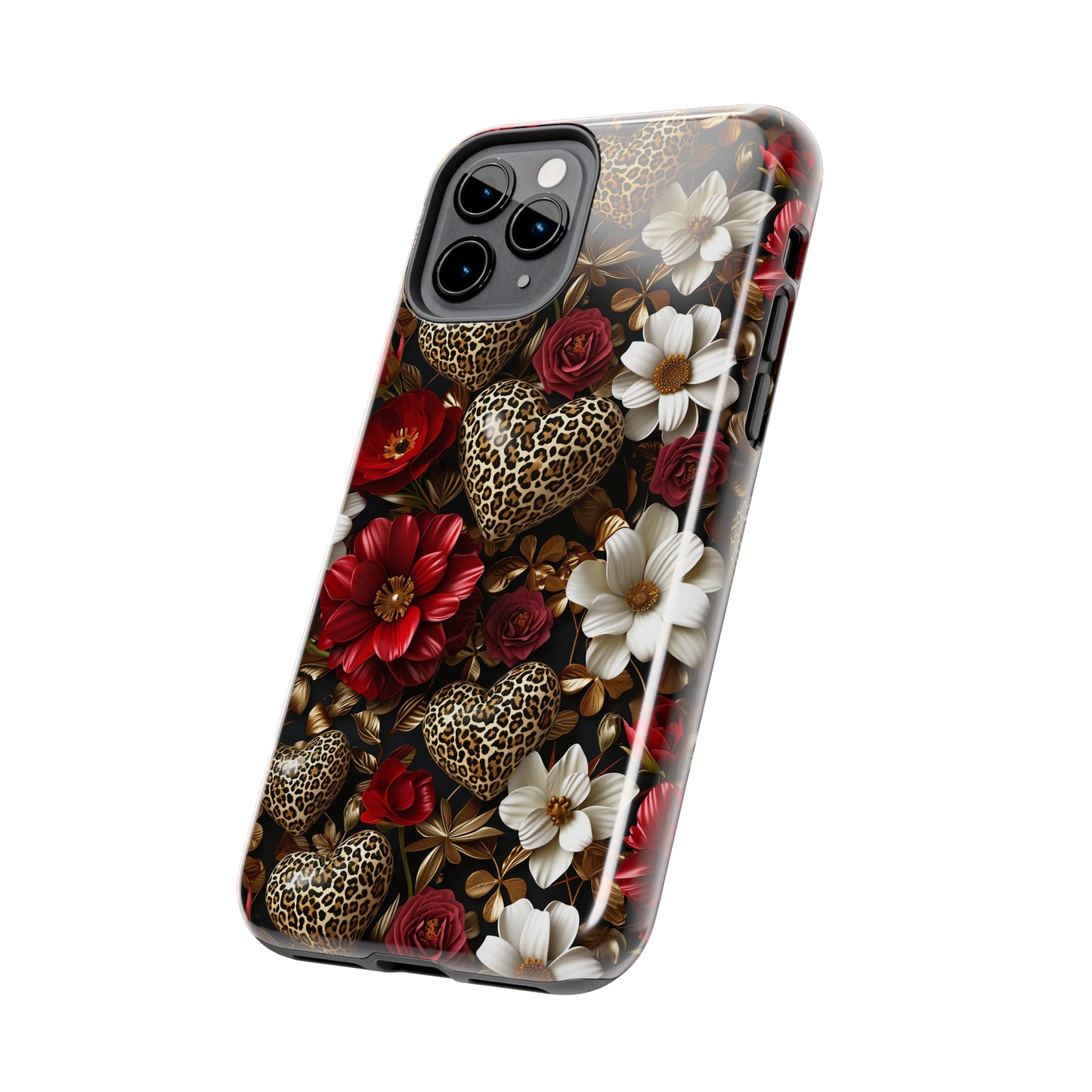 Red Gold Flowers Leopard Hearts Digital print Design Tough Phone Case compatible with a large variety of iPhone models, Gift, Phone Case