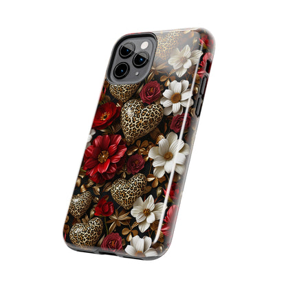 Red Gold Flowers Leopard Hearts Digital print Design Tough Phone Case compatible with a large variety of iPhone models, Gift, Phone Case