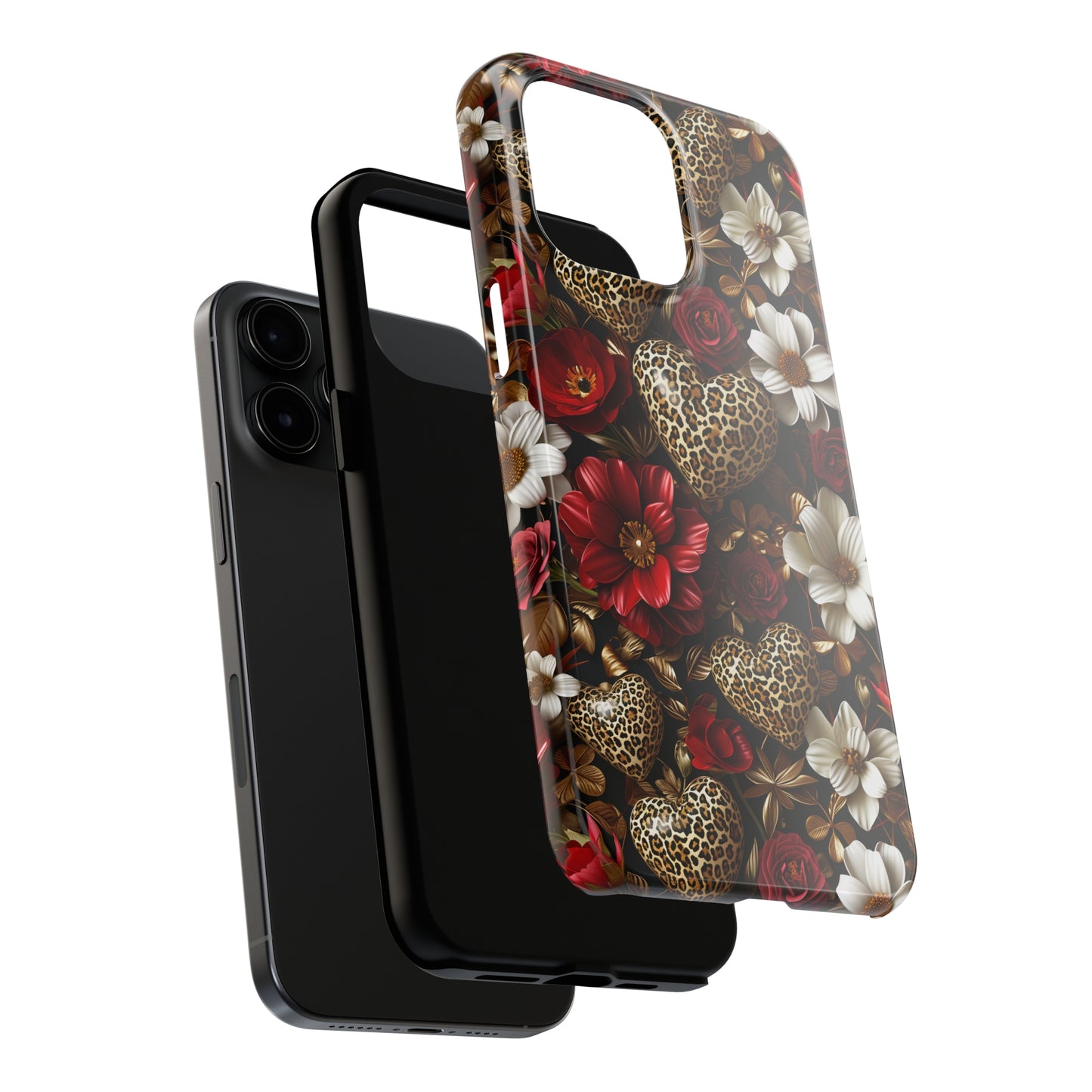 Red Gold Flowers Leopard Hearts Digital print Design Tough Phone Case compatible with a large variety of iPhone models, Gift, Phone Case