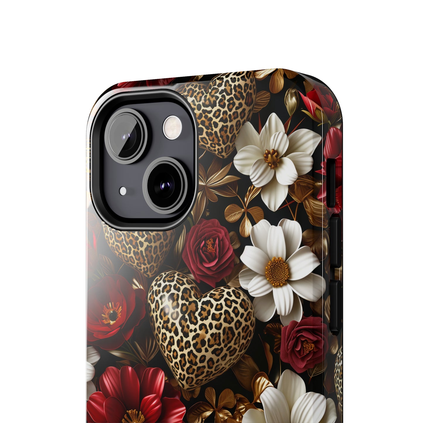 Red Gold Flowers Leopard Hearts Digital print Design Tough Phone Case compatible with a large variety of iPhone models, Gift, Phone Case