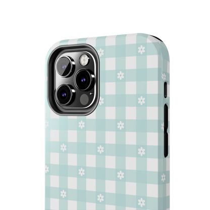 Cute Blue and White Gingham with Daisies Digital print Design Tough Phone Case compatible with a large variety of iPhone models, Gift, Phone Case