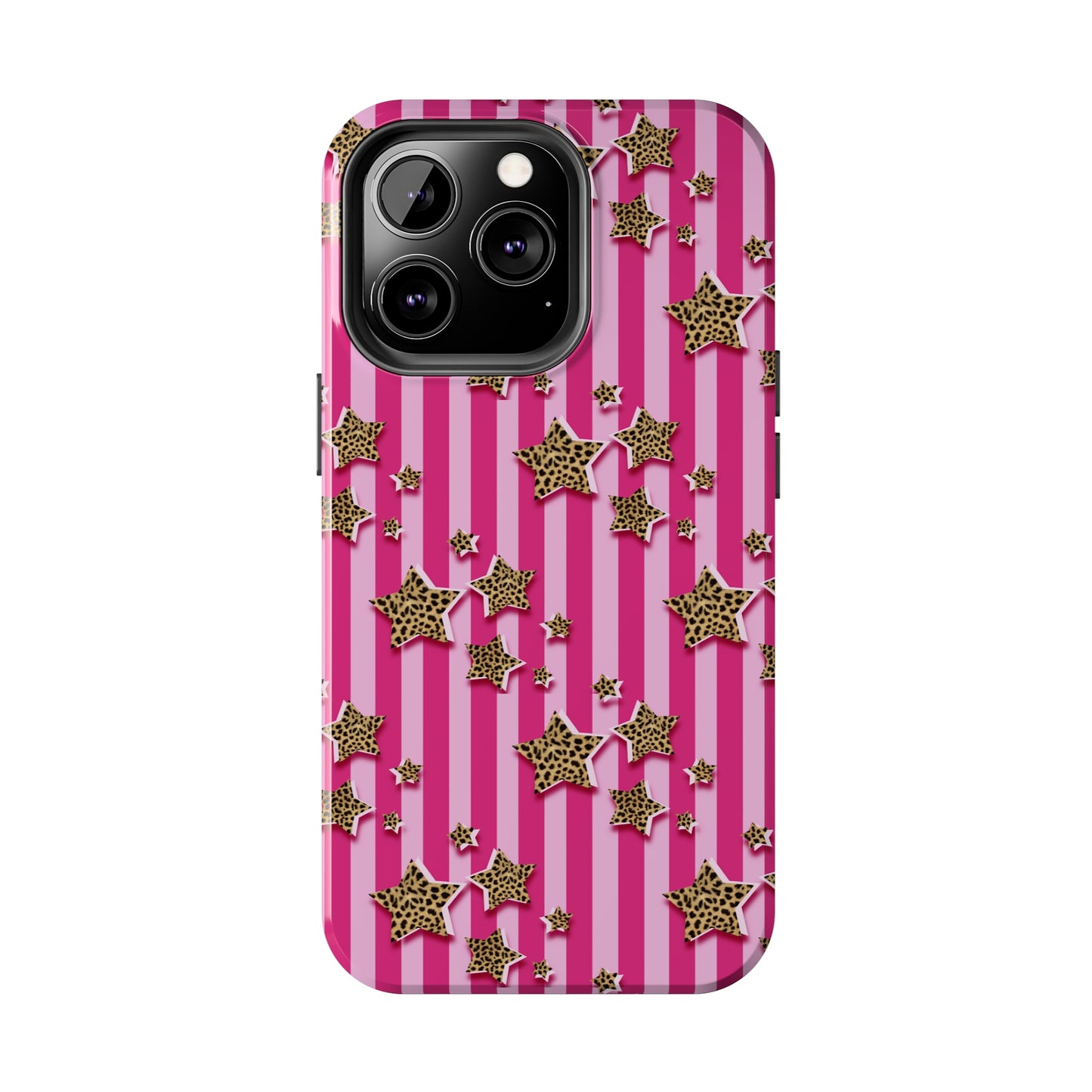 Girly Cheetah Stars and Pink Stripes Design Phone Case- Lightweight, Impact Resistant Cover for iPhone 6, 6s, 12, 13, 14, 15