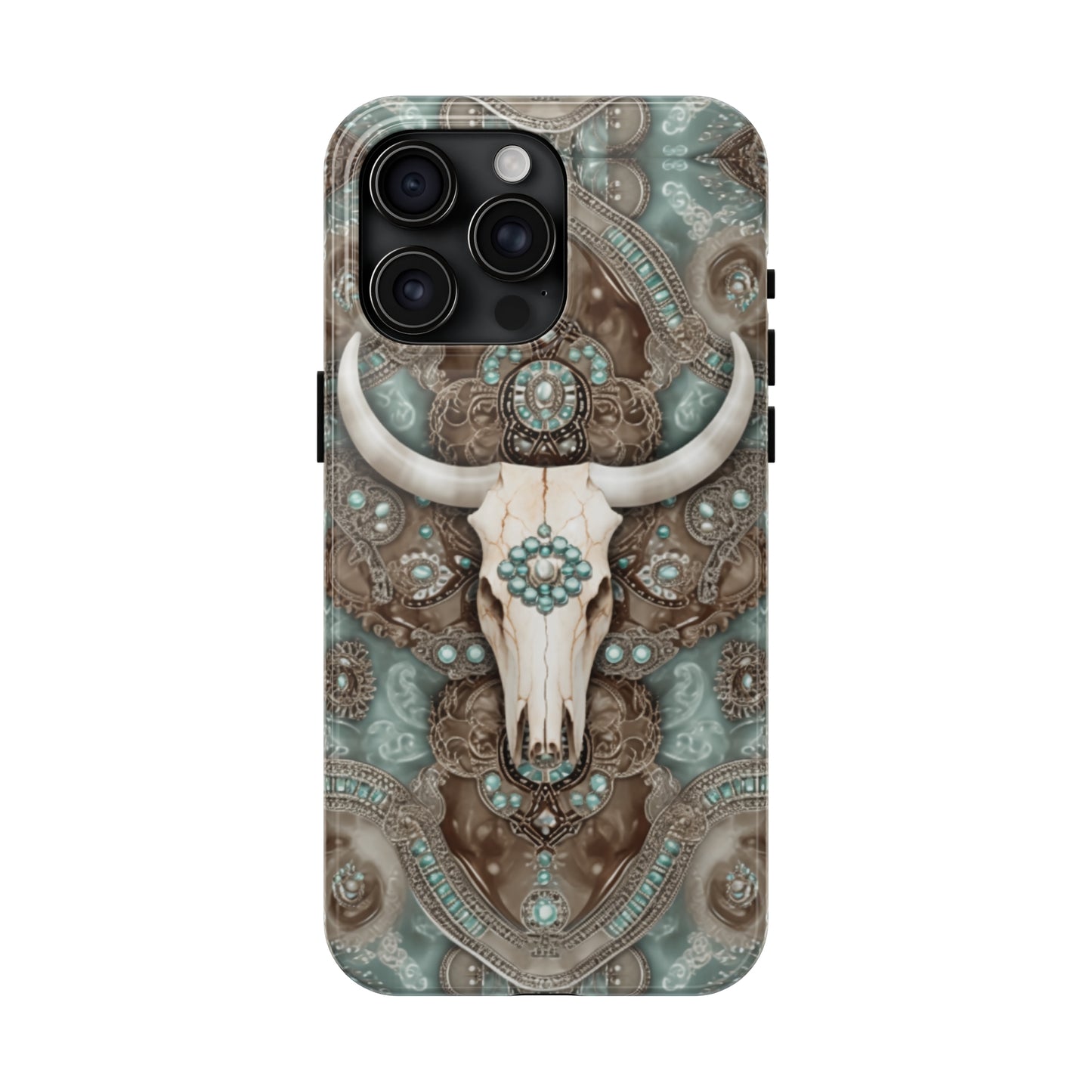 Western Cow Skull and Turquoise print design Phone Case- Lightweight, Impact Resistant Cover for iPhone 6, 6s, 12, 13, 14, 15