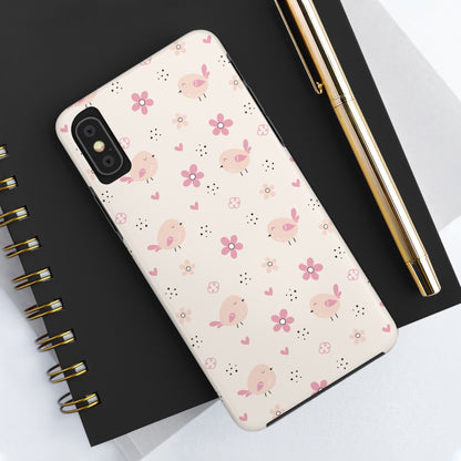 Cute Pink Birds and Flowers print design Tough Phone Case compatible with a large variety of iphone models