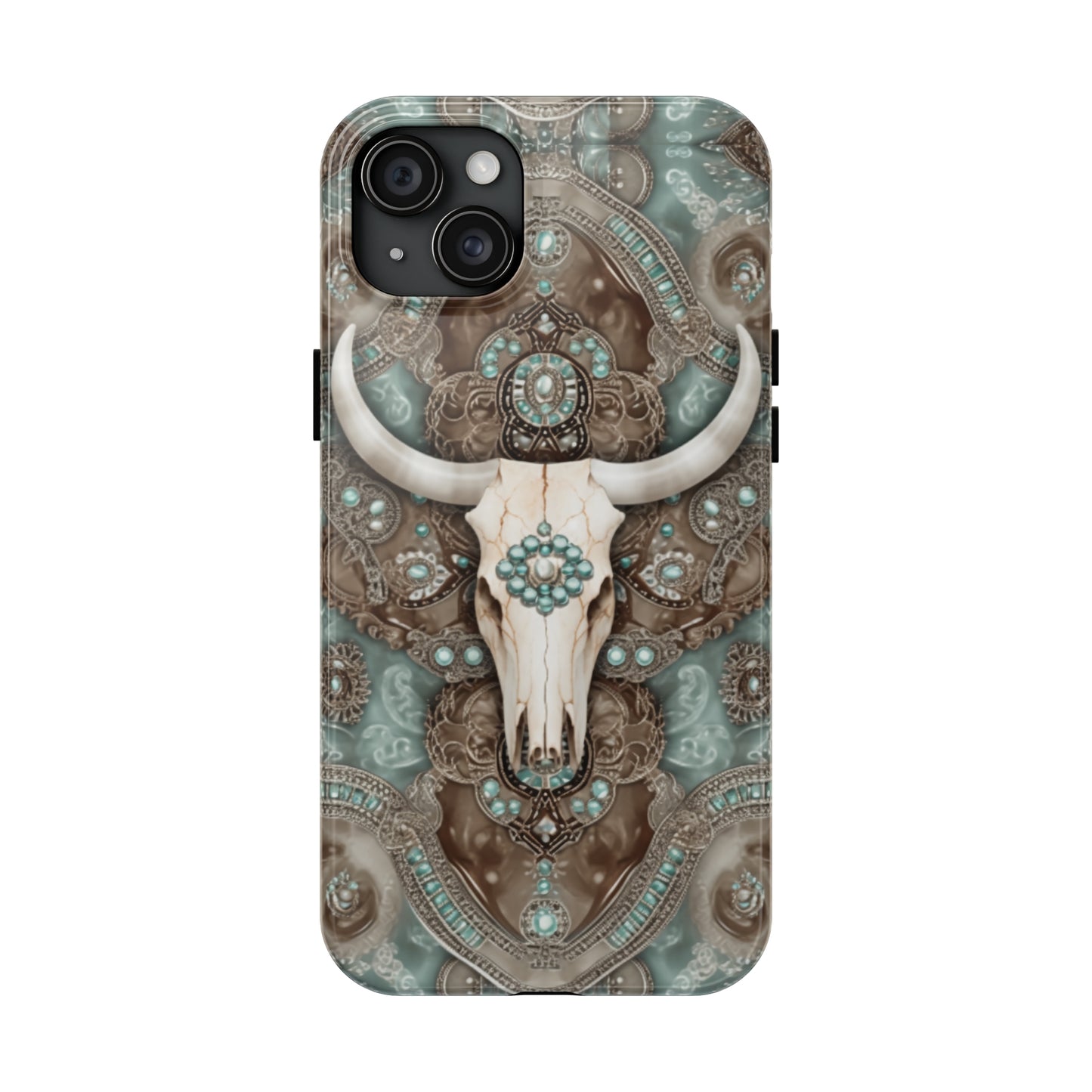 Western Cow Skull and Turquoise print design Phone Case- Lightweight, Impact Resistant Cover for iPhone 6, 6s, 12, 13, 14, 15