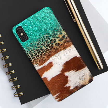 Western Cow Print, Teal, and Leopard print Design Phone Case- Lightweight, Impact Resistant Cover for iPhone 6, 6s, 12, 13, 14, 15