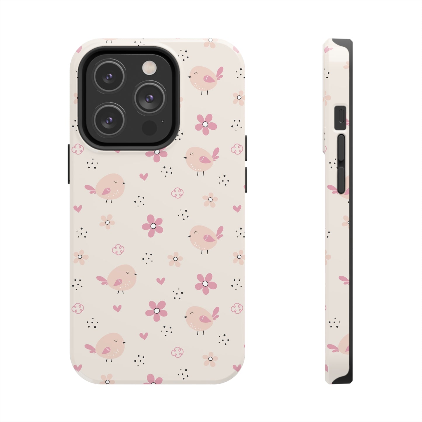 Cute Pink Birds and Flowers print design Tough Phone Case compatible with a large variety of iphone models