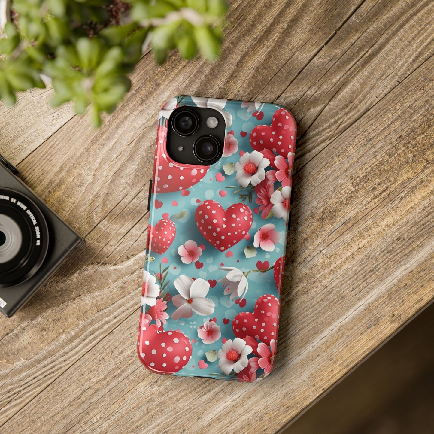 Pink White Flowers Red Hearts Digital print Design Tough Phone Case compatible with a large variety of iPhone models, Gift, Phone Case