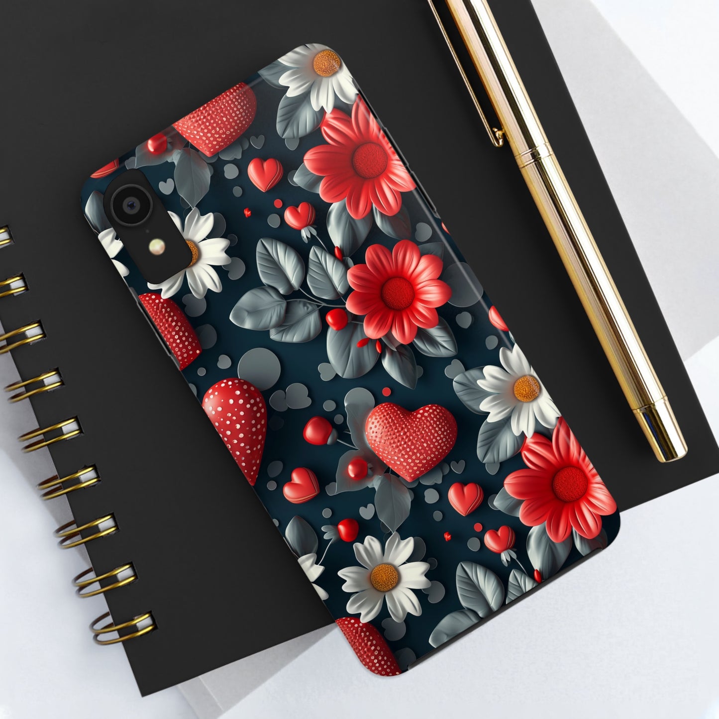 3D Flowers and Red Hearts Digital print Design Tough Phone Case compatible with a large variety of iPhone models, Gift, Phone Case