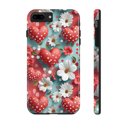 White Flowers Red Polka Dot Hearts Digital print Design Tough Phone Case compatible with a large variety of iPhone models, Gift, Phone Case