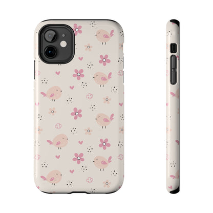 Cute Pink Birds and Flowers print design Tough Phone Case compatible with a large variety of iphone models