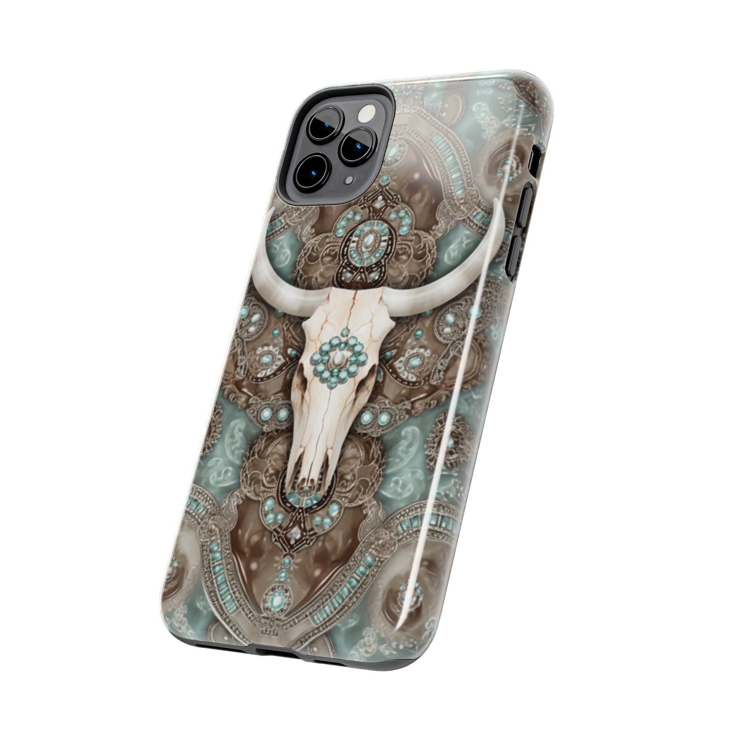 Western Cow Skull and Turquoise print design Phone Case- Lightweight, Impact Resistant Cover for iPhone 6, 6s, 12, 13, 14, 15