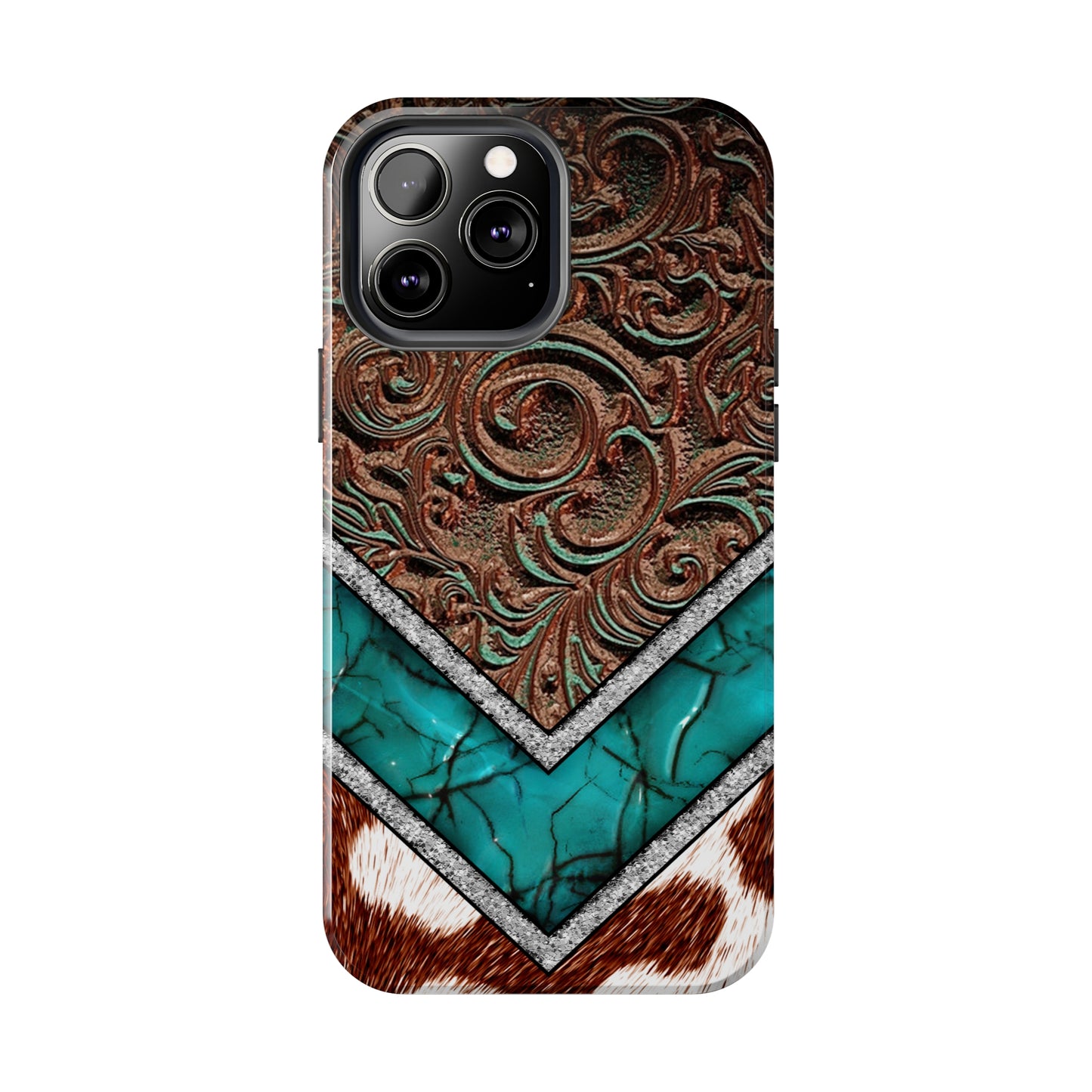 Western Cow Print, Faux Turquoise and Leather Digital print design Phone Case- Lightweight, Impact Resistant Cover for iPhone 6, 6s, 12, 13, 14, 15