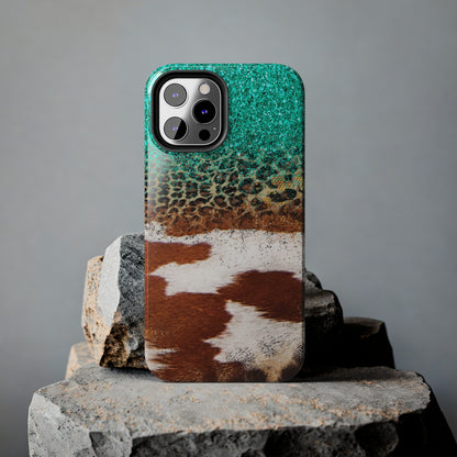 Western Cow Print, Teal, and Leopard print Design Phone Case- Lightweight, Impact Resistant Cover for iPhone 6, 6s, 12, 13, 14, 15